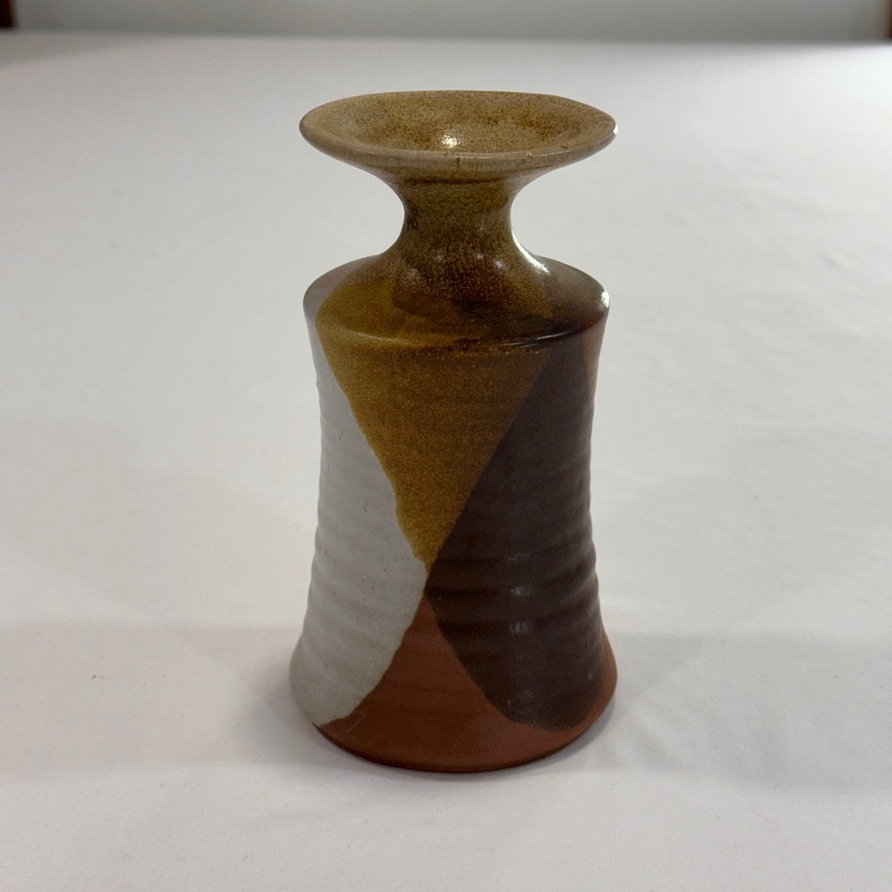 Studio Pottery Stoneware Bud Vase 6.25in Earth Tones Ribbed | Boho MCM